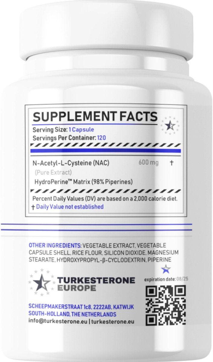 NAC (100% N-Acetyl-L-Cysteine) met HydroPerine™ - 120 Capsules (600mg) - Turkesterone